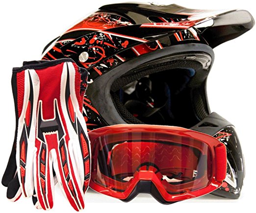 Adult Offroad Helmet Goggles Gloves Gear Combo DOT Motocross ATV Dirt Bike MX Black Red Splatter ( Medium )