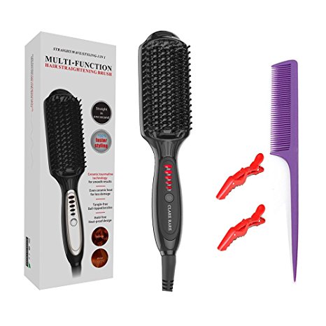 Hair Straightener Brush,Anion Ceramic Heating Straightening Irons Brush Anti Scald, Rapid Warming,Global Voltage, LED Temperature Control(Black)