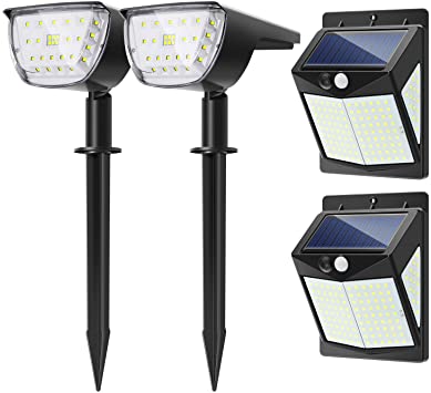 2 Pack 32 LEDs Solar Landscape Spotlights and 2 Pack 140 LEDs Solar Wall Lights 【2021 New Combination】IP67 Waterproof Wireless Outdoor Solar Lights for Yard Garden Driveway Porch Walkway-White