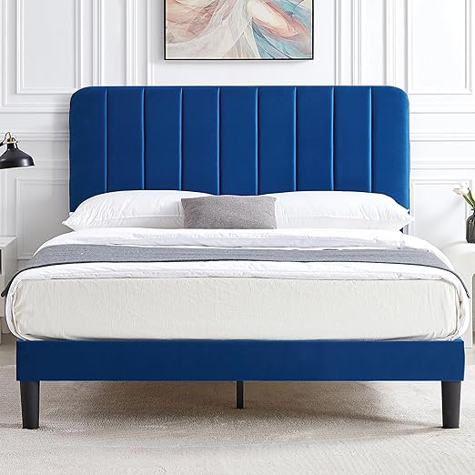 VECELO Queen Size Upholstered Bed Frame with Adjustable Headboard, Velvet Platform Bedframe Mattress Foundation, Strong Wood Slat Support, No Box Spring Needed, Dark Blue