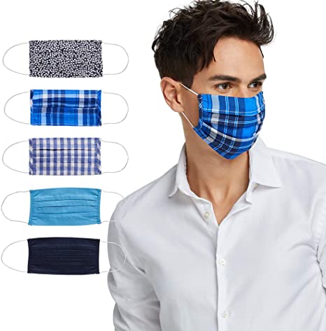 Fashion Washable Reusable Pleated Printed & Solid Mask Set of Five/3 prints & 2 solids/F