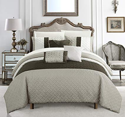 Chic Home Osnat 10 Piece Comforter Set Color Block Quilted Embroidered Design Bed in a Bag Bedding – Sheets Decorative Pillows Shams Included Queen Brown