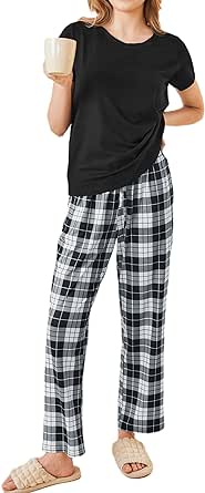 Ekouaer Women's Pajamas 2 Piece Pajama Sets Soft Short Sleeve Sleepwear Ladies Lounge Sets