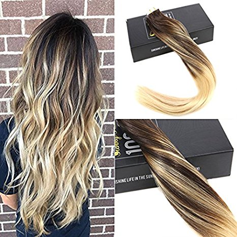 Sunny 14" Balayage Ombre Human Hair Extensions Chocolate Brown Mixed Bleach Blonde Remy Tape in Hair Extensions Human Hair 20pcs/50g