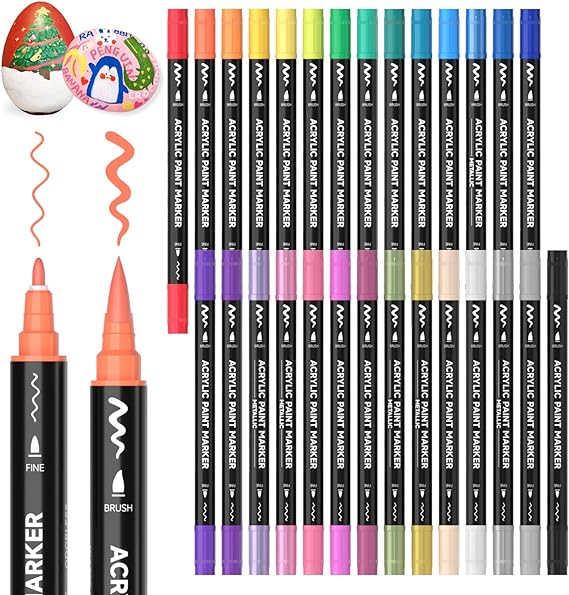 Shuttle Art 28 Colors Dual Tip Acrylic Paint Markers, Brush Tip and Fine Tip Acrylic Paint Pens for Rock Painting, Ceramic, Wood, Canvas, Plastic, Glass, Stone, Calligraphy, Card Making, DIY Crafts