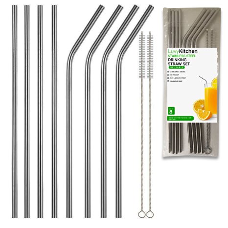 Stainless Steel Drinking Straws, Set of 8, Long Length, 2 Free Cleaning Brushes Included