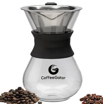 BEST Pour Over Coffee Maker For Perfect Drip Coffee 1-2 Cup 10z Carafe by Coffee Gator with Permanent Stainless Steel Filter - Never buy another paper filter again Medium Black