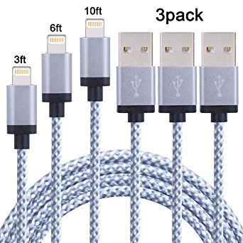 Sundix iPhone Cable 3Pack 3FT 6FT 10FT, Nylon Braided 8 Pin Lightning to USB Cord , Compatible with iPhone 7/7 Plus/6s/6s Plus/6/6 Plus/5/5S/5C/SE/iPad and iPod(White)