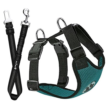 Slowton Dog Car Harness Plus Connector Strap, Multifunction Adjustable Vest Harness Double Breathable Mesh Fabric with Car Vehicle Safety Seat Belt for Dogs Travel Walking Trip