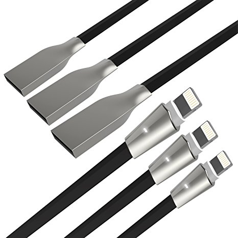 Aimus iPhone Charger Lightning to USB Zinc Alloyed Lead with LED Light 3Pack [4FT 2Pck 6FT] 8Pin Tangle-Free Charging Cord for iPhone 7,SE,5,5s,6,6s,6 Plus,iPad Air,Mini,iPod (Black)