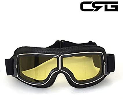 CRG Sports Vintage Aviator Pilot Style Motorcycle Cruiser Scooter Goggle T13 T13BCB - Parent (Yellow Lens Black Padding)