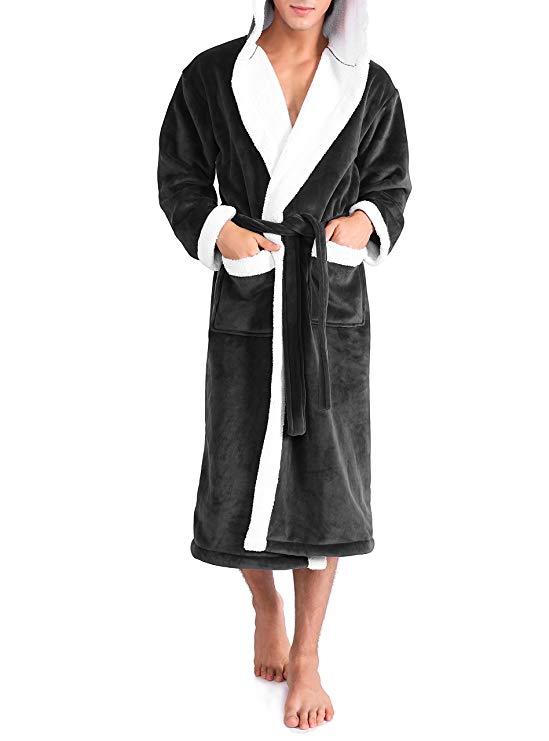DAVID ARCHY Men's Hooded Fleece Plush Soft Shu Velveteen Robe Full Length Long Bathrobe