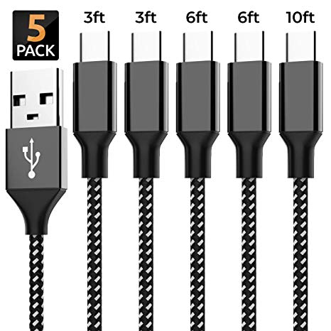 5 Pack Type-C Cable USB C to USB A Charger USB Syncing Nylon Braided Fast Cord Charger Compatible for Samsung Galaxy S9 S8 Note 8, Pixel, LG V30 G6 G5, Nintendo Switch, OnePlus 5 3T