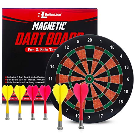 BETTERLINE Magnetic Dartboard Set - 16 Inch Dart Board with 6 Strong Magnet Darts for Kids and Adults - Gift for Game Room, Office, Man Cave and Parties