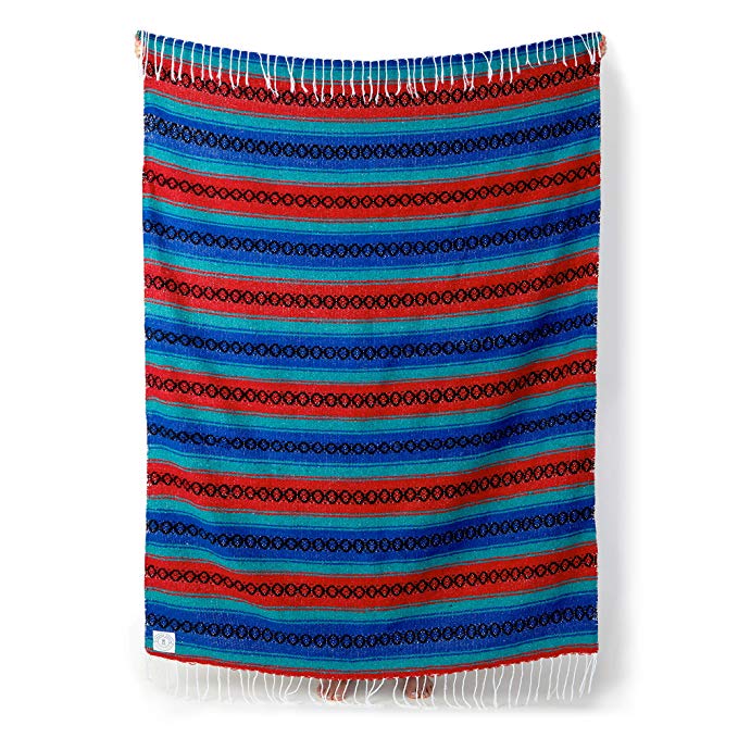 Mexican Serape Blanket | Classic Artisan Throw | Woven Falsa in Traditional Colors | Beach, Camping, Couch, Sofa, Picnic or Yoga Blanket | Ruby Red Azure