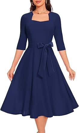 HomRain Women's Formal Cocktail Dresses Flared Wedding Guest with 3/4 Sleeves A-Line Tea Party Modest Church Dress