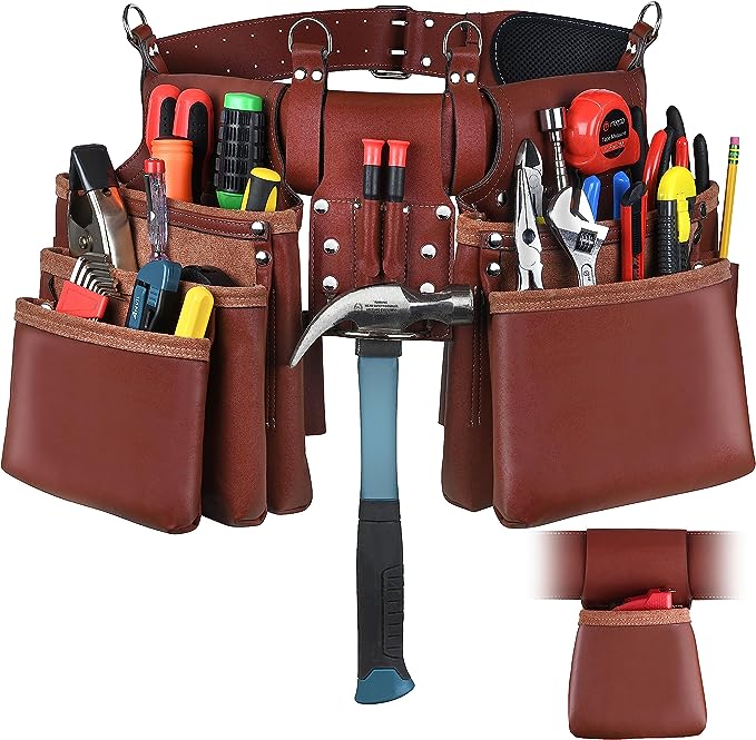 20 Pocket Heavy Duty PU Leather Construction Tool Belt, Work Apron, Tool Pouch, with A Comfortable Leather Cushioned Belt and Strong Buckle - Adjusts from 30” Inches All the Way to 48” Inches