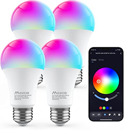 Smart LED Light Bulb Dimmable, Maxcio RGBCW Color Changing Light Bulbs, Music Sync, Bluetooth Light Bulb with APP Control, A19 E26 9W 60W Equivalent, No Hub Required, 4 Pack(Not Support WiFi/Alexa)