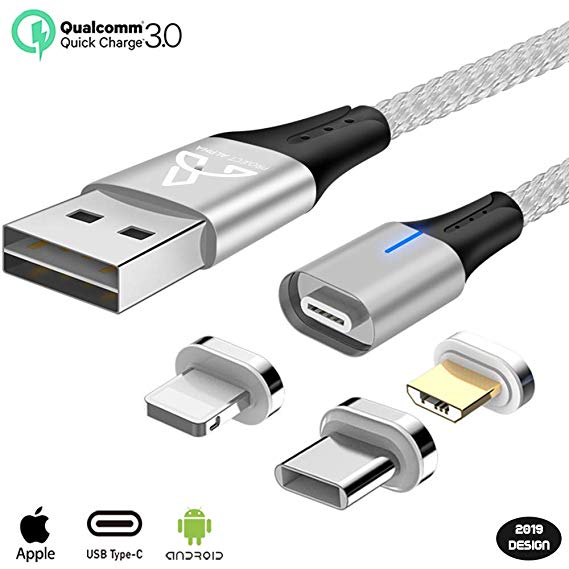 Premium 3 in 1 Magnetic Phone Charger, Ultra Durable Nylon Braided Data Transfer and Fast Charging Magnetic Cable, Compatible with i-Product, USB Type C, Micro USB, with Magnetic Tip Holder