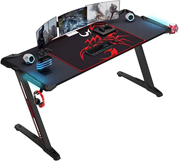 DESIGNA Gaming Desk with LED Lights, 60 inch Computer Gaming Desk Z-Shaped with Mouse Pad, Handle Rack, Cup Holder, Headphone Hook, Black…