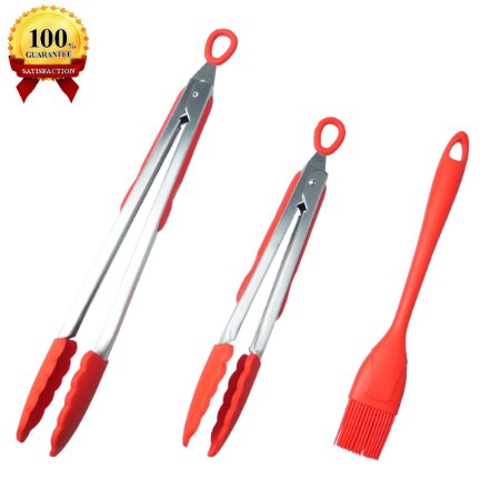 ChefaithTM Heavy Duty Silicone Kitchen Tongs Set of 2 9 and 12 - Stainless Steel Coated with Food-Grade Anti-Slip Silicone for Extra Grip  Silicone Basting Brush as Bonus Ultra Durable