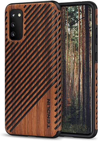 TENDLIN Compatible with Samsung Galaxy S20 Case Wood Grain Outside Design TPU Hybrid Case (Wood & Leather)
