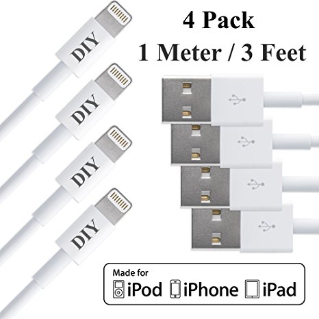 Cell Phone DIY [Apple MFi Certified] (4 Pack - 1 Meter/3ft) Lightning to USB Charger and Data Sync Cable for iPhone, iPad and iPod - Heavy Duty Cord