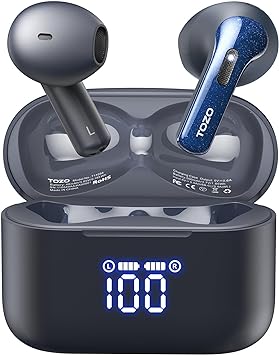 TOZO Tonal Fits T21 Wireless Earbuds, 5.3 Bluetooth Headphone, Sem in Ear with Dual Mic Noise Cancelling, IPX8 Waterproof, 44H Playback Stere Sound with Power Display Wireless Charging Case Blue