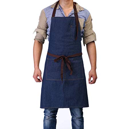 Adjustable Bib Apron with 3 Pockets - Denim Jean Kitchen Aprons for Women and Men 32 x 27” Gift for Chef Cooking Artist Painting Grill Carpenters Gardener by BOHARERS