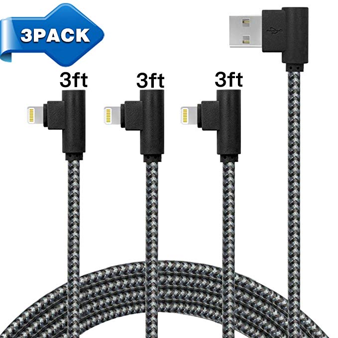 Right Angle iPhone Charger, 3Pack (3/3/3FT) 90 Degree iphone Charging Cable Premium Nylon Braided Charger Cord (Black&Grey)
