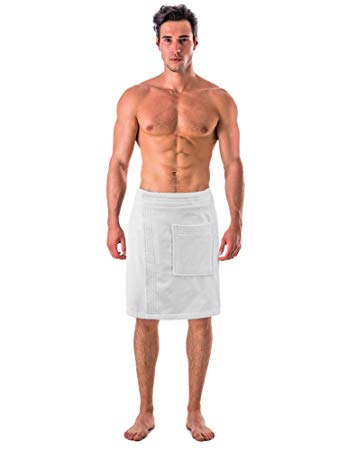 Turkish Linen Men's Velour Cotton Terry Shower and Bath Towel Wrap (One Size) (White)