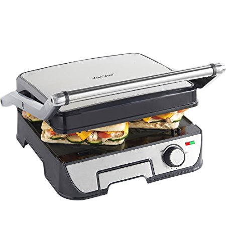 VonShef 4 Slice Panini Sandwich Press & Grill/ Griddle with Removable Plates - Stainless Steel - 2000W - Free 2 Year Warranty