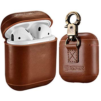 AirPods Case Cover, Icarer Premium Genuine Leather Vintage Portable Shockproof Protective Cover with Keychain for Apple AirPods 1&2 Case (Front LED Not Visible) Support Wireless Charging (Brown)
