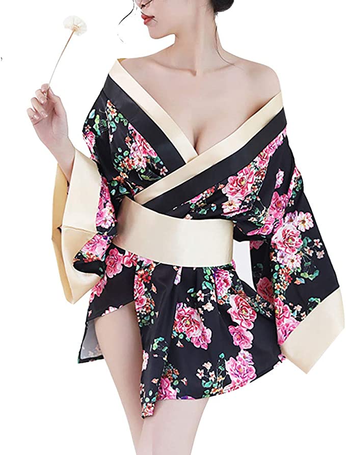 Women's Kimono Costume Adult Japanese Geisha Yukata Sweet Floral Patten Gown Blossom Satin Bathrobe Sleepwear with OBI Belt