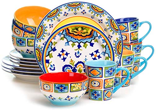 Euro Ceramica Mumbai Collection 16 Piece Ceramic Dinnerware Set, Vivid Watercolor Design, Assorted Multicolor