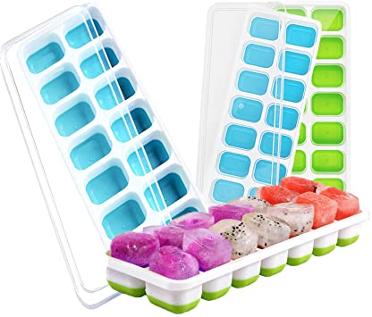 AOCKS Ice Cube Trays with Lids Easy Release Silicone Ice Cube Tray with Lids BPA Free Stackable Durable and Dishwasher Safe - Blue & Green (2 Blue2 Green)