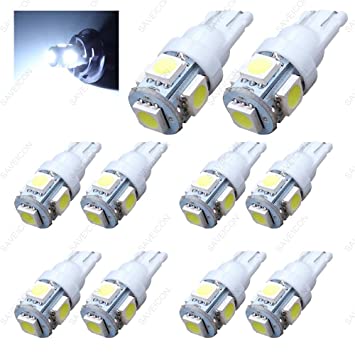 SAWE - 168 194 2825 T10 W5W 5050 5-SMD LED License Plate Dome Map Lights Bulbs (10 pieces) (White)