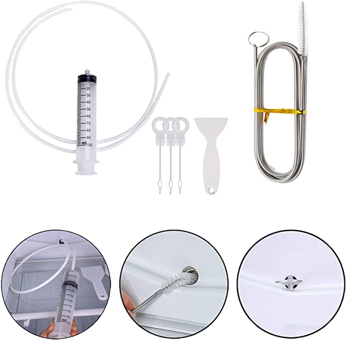 MUAECH 7 Pcs Refrigerator Drain Hole Clog Remover Cleaning Tool,Reusable Fridge Dredging Kit,Include Cleaning Syringe, 60IN Hose,3 Plunger, 1 Shovel, 1 Long Flexible Refrigerator Scrub Brush