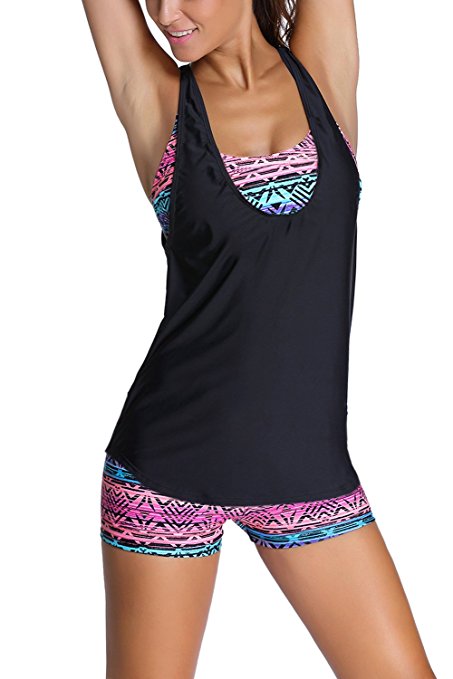 Dearlovers Women 3 Pieces Tribal Print Tankini Swimsuit with Panty or Boyshorts