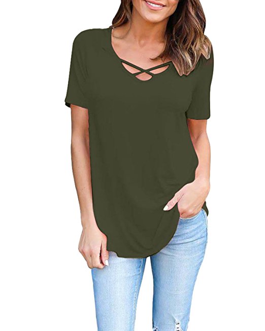 ZANZEA Women's Crisscross Lace up Front V Neck Short Sleeve T Shirt Tops Blouse