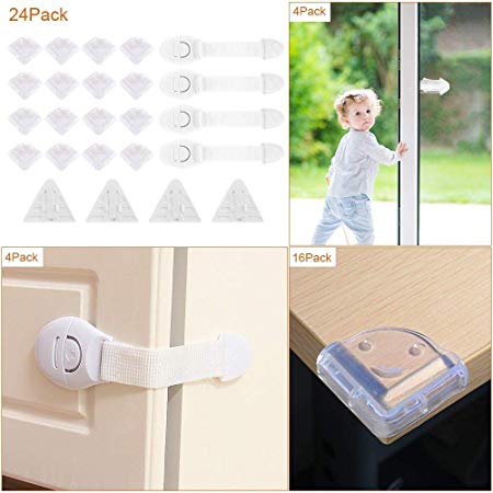 16 X Clear Baby Child Corner Guards  4 X Child Safety Locks White Strap Latches   4X Sliding Window Locks For Corner Protector Cover Corner Bumpers,Cabinet,Refrigerator,Door,Closets, Window, 24 PACK