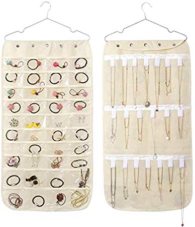RAVCON Hanging Jewelry Organizer,Accessories Organizer,Oxford 40 Pockets & 20 Hook-and-Loop Tabs Organizer for Holding Jewelries-Beige
