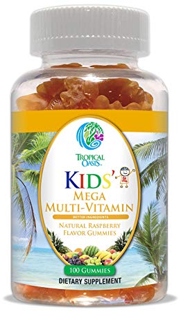 Tropical Oasis Kids Mega Gummy Multivitamin for Ages 4  | Daily Multi-Vitamin for Kids w/ 14 Vitamins & 9 Minerals | Gluten Free, Gelatin Free, Made w/Pectin | Natural Raspberry Flavor Gummies -100ct