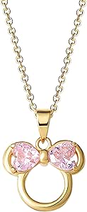 Disney Minnie Mouse Necklace for Women 18", 18k Yellow or Pink Gold Flash-Plated Cubic Zirconia Necklace Official License