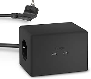 Brennenstuhl hugo! ONE Steckdosenwürfel 2 USB C 20W PD, Wireless Charger, TÜV-Süd zertifiziert (Steckdosenleiste USB C, Touch-Schalter, induktive Ladestation mit 2m Kabel) matt-schwarz