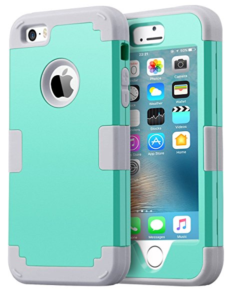 iPhone SE Case, iPhone 5S Case, iPhone 5 Case, BENTOBEN 3 in 1 Heavy Duty Rugged Hybrid Hard PC Soft Silicone Bumper Shockproof Anti-Scratch Case Cover for iPhone 5 5S SE, M409-Mint Green Grey