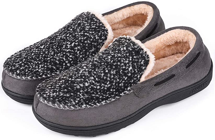 LongBay Men’s Wool Moccasin Slippers Micro Suede House Shoes Comfort Memory Foam Indoor Outdoor