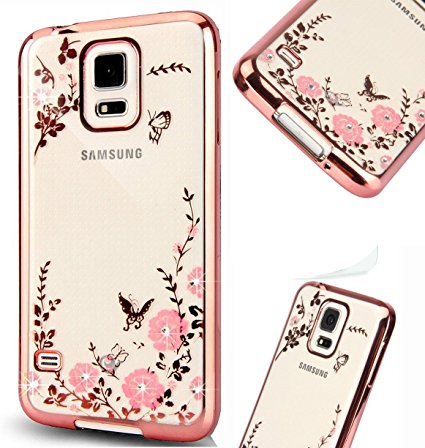 Galaxy S5 Case,Luxury Stylish Design Electroplated Slim Fit Lightweight Ultra Thin Metallic luster TPU Case Cover for Samsung Galaxy S5 SV I9600 - Flower Rose Gold