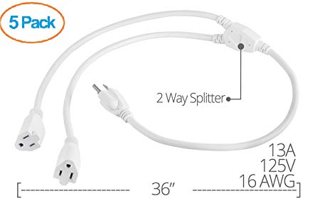Aurum Cables 3 Prong 1-to-2 Power Cord Splitter Cable - Power Extension Cord - Cable Strip Outlet Saver - Outlet Splitter Electrical Cord - 3 Ft - 16AWG - UL approved - White - 5 Pack