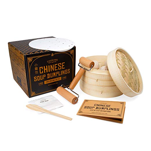 Cooking Gift Set | Chinese Soup Dumpling Bamboo Steamer Basket Set (5 PC) | Dumpling Maker for Unique Gifts for Mom, Housewarming Gifts for New Home, and Gifts for Men